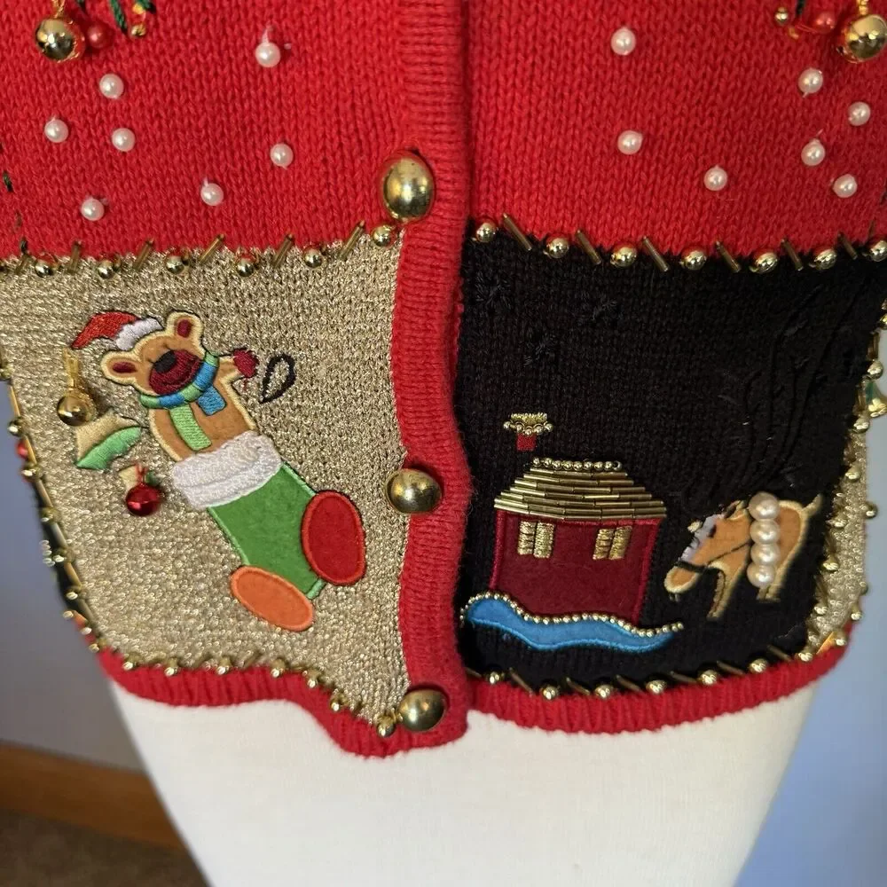 VTG Lisa International Sz PM Ugly Christmas Sweater Vest‎ Real Jingle Bells Snow